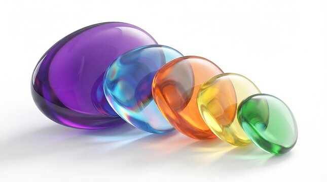 Colorful translucent glass spheres in a row on a white surface vibrant and glossy