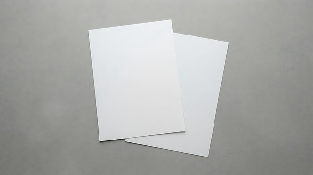 Two blank white sheets of paper resting on a gray surface for mockup presentation design