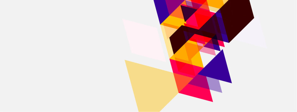 Abstract geometric shapes overlap, creating vibrant colorful composition. Light background emphasizes dynamic design elements.