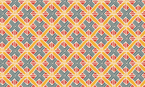 Bold Cross Diamond Seamless Vector Pattern in Red Yellow and Gray &mdash; Geometric Repeat for Textile and Packaging
