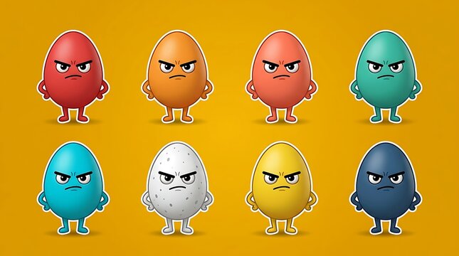Set of colorful angry egg characters with funny faces on a yellow background