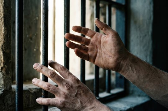 Dramatic close up of hands gripping metal bars in a dark prison cell.
