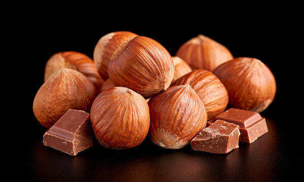 hazelnuts on black background isolated, with cocolate chunks