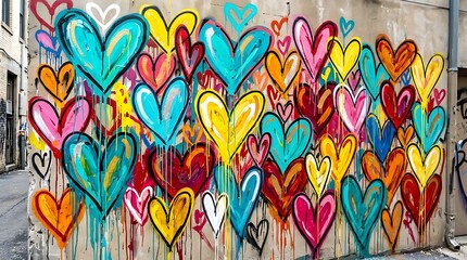 Fototapeta premium Colorful heart graffiti mural on urban concrete wall, vibrant street art background.