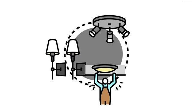 Person installing a modern flush mount light fixture on the ceiling, surrounded by various wall lamps and spotlight track lighting elements for interior illumination in a home or office