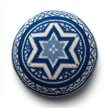 Blue Patterned Jewish Kippah Yarmulke with Star of David Isolated on White Background