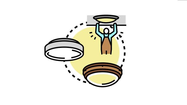 Electrician or worker installing a modern ceiling light, home improvement, renovation, and electrical work