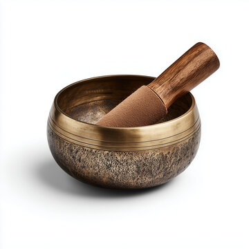 Traditional Bronze Tibetan Singing Bowl with Wooden Mallet Isolated on White Background