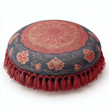 Traditional Red Ethnic Patterned Pouf Cushion Isolated on White Background