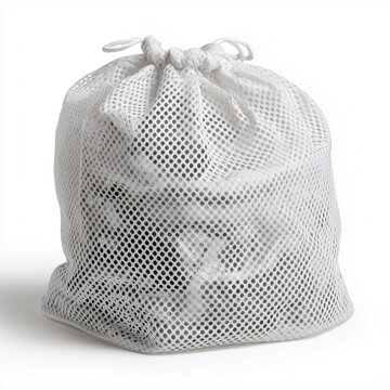 White Produce Mesh Drawstring Bag Pouch Isolated on White Background