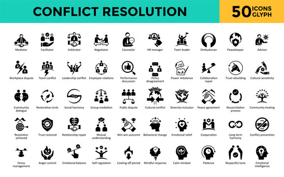 Conflict Resolution icons set with mediator, facilitator, arbitrator, negotiator, counselor, hr manager, team leader, ombudsman, peacekeeper, advisor icon. Simple glyph vector 