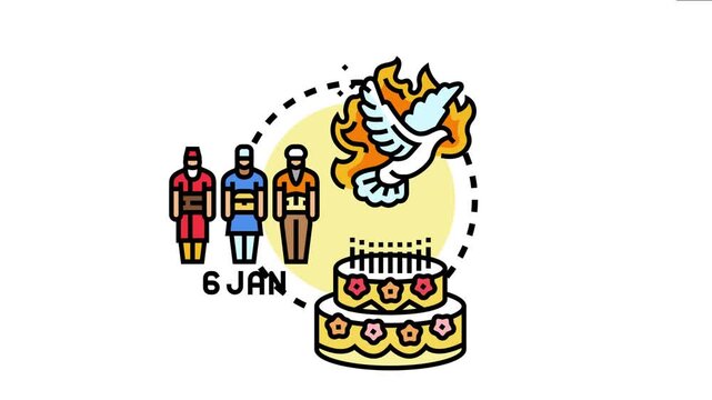 Religious holiday celebration with three traditional figures, a dove of peace, and a festive cake with candles, symbolizing the epiphany on january sixth
