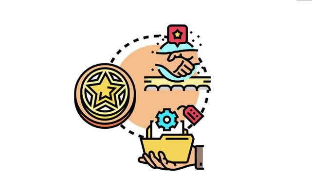 Achievement concept abstract depicting a handshake, star medal, and hand holding a folder with gear and tag, symbolizing success, reward, and recognition in business or personal development