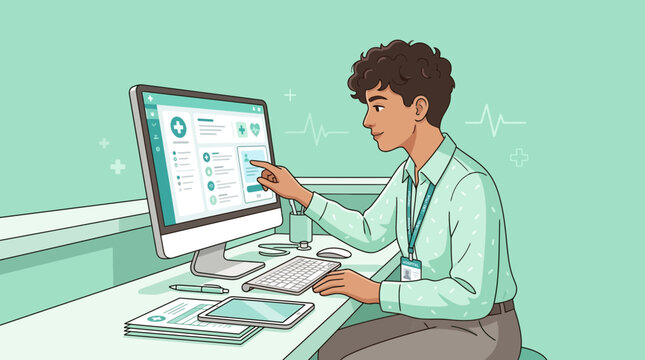 Doctor using medical computer system, digital health records, patient care interface