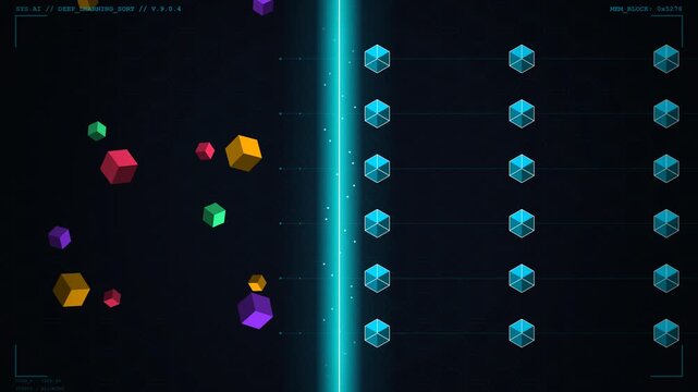 digital graphic animation displaying a futuristic artificial intelligence deep learning sorting algorithm processing colorful floating cubes through a glowing scanning beam on a dark background.