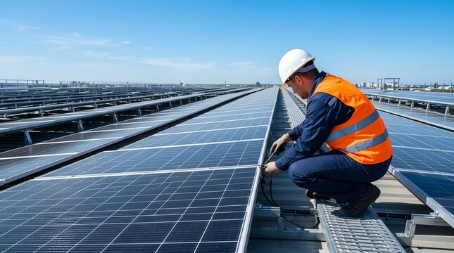 Solar panel technician installing renewable energy system on rooftop under clear blue sky