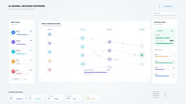 interactive digital dashboard displaying an AI neural decision network with input layers, neural processing space, and optimal path selection in real-time.
