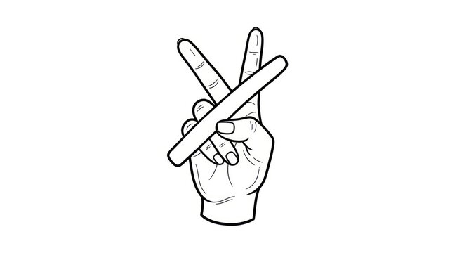 Hand Showing V Sign with Crossed Finger and Bar - Line Art Illustration