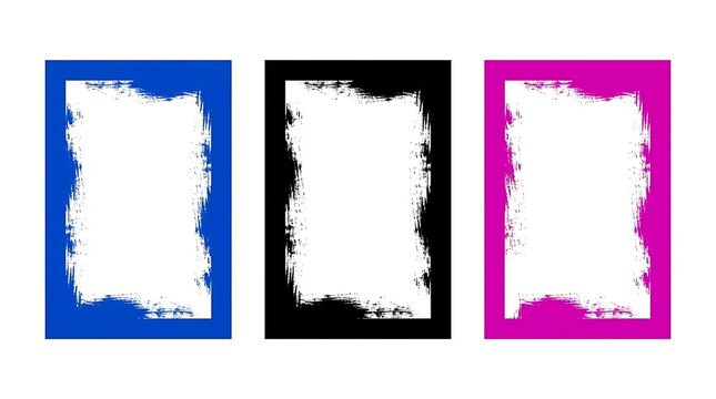 Set of three rectangular grunge frames with distressed edges in blue black and pink colors
