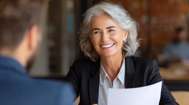 Smiling mature business woman hr holding cv document at job interview. Happy mid aged professional banking manager or lawyer consulting client sitting at workplace in corporate office meeting.