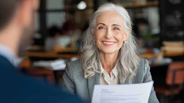 Smiling mature business woman hr holding cv document at job interview. Happy mid aged professional banking manager or lawyer consulting client sitting at workplace in corporate office meeting.