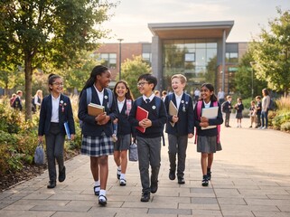 Fototapeta premium Group of happy diverse school children walking together on campus with backpacks and books