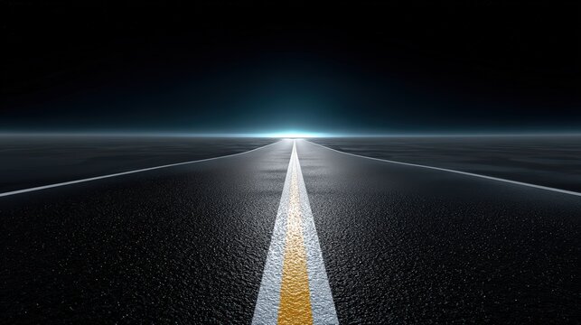 Empty asphalt road leading into the dark night horizon with glowing light