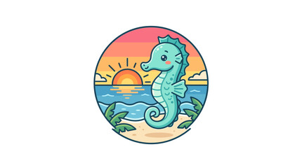 Fototapeta premium Cute seahorse on beach with sunset ocean background.