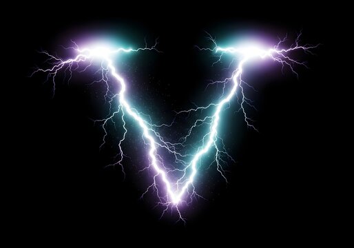 Two bright electric lightning bolts striking downwards against a deep solid black background