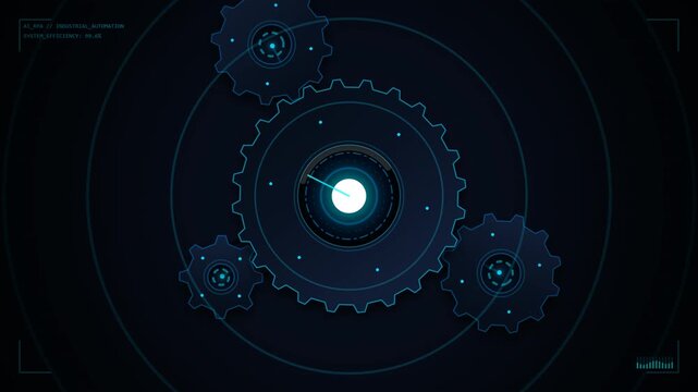 animated digital interface featuring rotating dark blue gears and glowing HUD elements representing industrial automation and system efficiency.