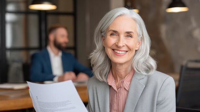 Smiling mature business woman hr holding cv document at job interview. Happy mid aged professional banking manager or lawyer consulting client sitting at workplace in corporate office meeting.
