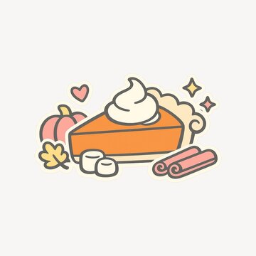 Cute illustration of pumpkin pie with whipped cream and autumn accents.