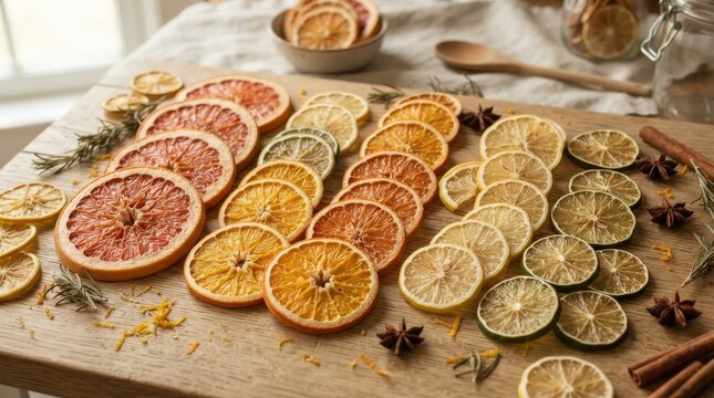 A vibrant assortment of dried citrus slices, including grapefruit, orange, lemon, and lime, are artfully arranged on a wooden board, garnished with star anise and cinnamon sticks.