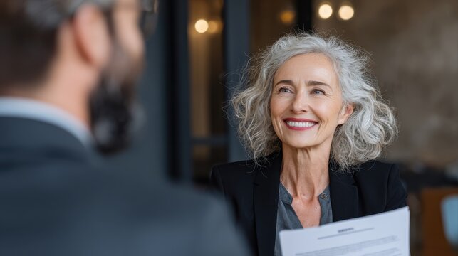 Smiling mature business woman hr holding cv document at job interview. Happy mid aged professional banking manager or lawyer consulting client sitting at workplace in corporate office meeting.