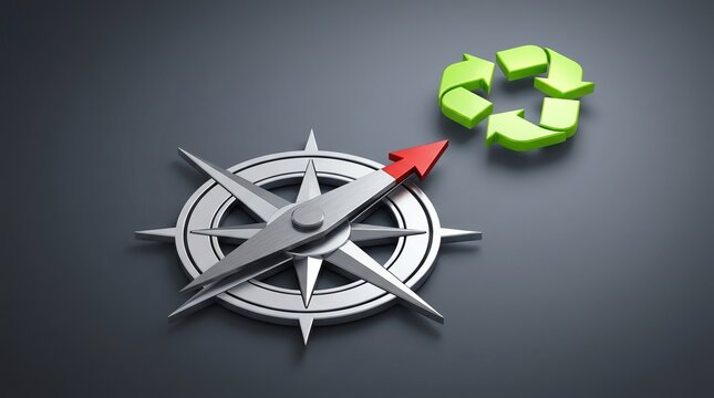 3D render of a metallic compass with a red arrow pointing towards a green recycling symbol
