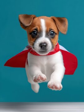 Cute Jack Russell puppy wearing a superhero cape flying against a teal background