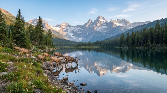 Elk (Cervus canadensis) drink from a serene alpine lake in a lush forested area