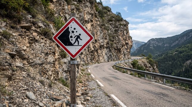 Curved mountain road in a rocky, rugged terrain features a warning sign indicating falling rocks, shown by tumbling boulders and a person