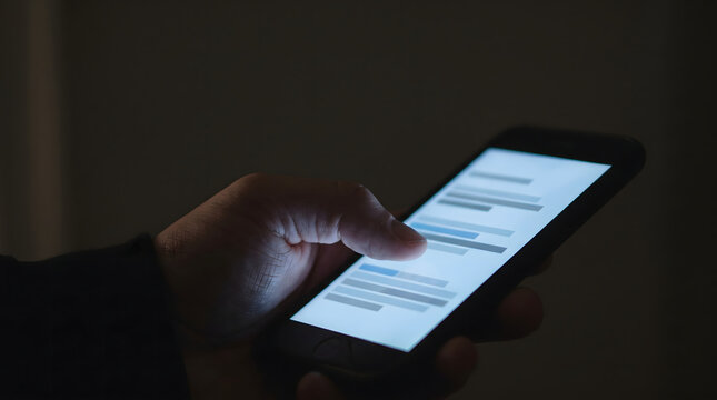 Close up of thumb scrolling on glowing smartphone screen in darkness dealing with doomscrolling and mental stress