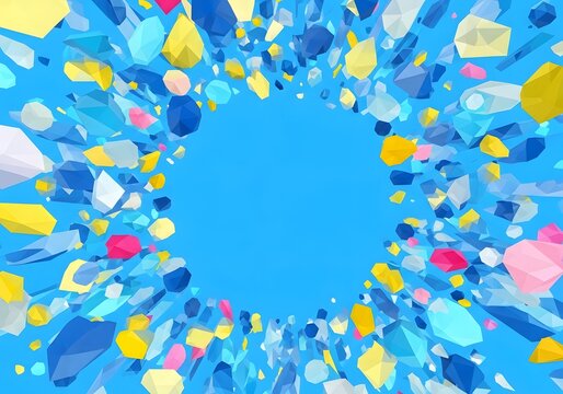 An abstract 3d geometric polygon explosion framing a vibrant blue circular copy space