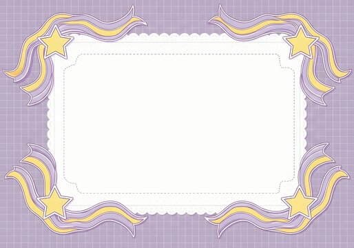 Cute purple grid banner frame decorated with yellow stars and ribbons for celebration