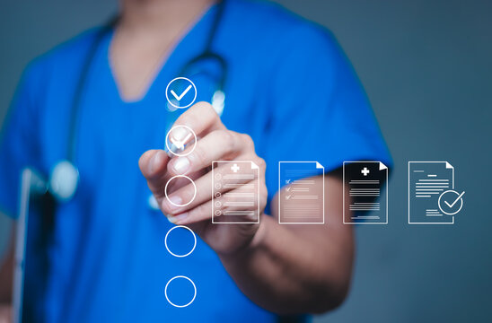 Check list concept.Medical worker with online checklist survey,digital assessment, online evaluation, medical survey, data collection and healthcare workflow.