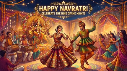 Fototapeta premium Happy navratri celebration with traditional garba dancers and music, navratri