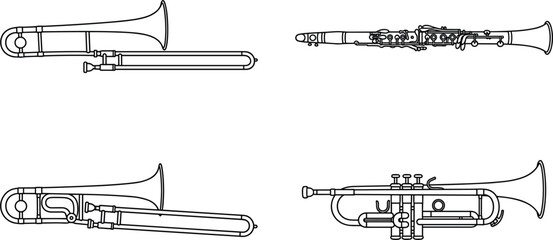 Brass and woodwind instruments vector icon set trombone trumpet clarinet line art black isolated white background layout design.eps © Sharjina