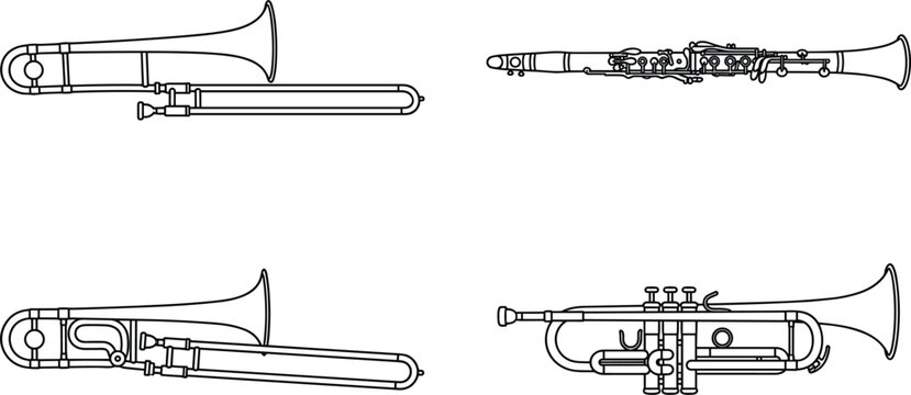 Brass and woodwind instruments vector icon set trombone trumpet clarinet line art black isolated white background layout design.eps