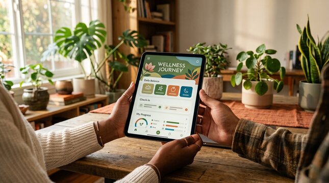 Person Using Wellness Tracker App on Tablet with Activity Steps Mindfulness and Hydration Data
