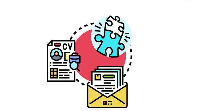 Recruitment process a curriculum vitae, an application letter, and two interlocking puzzle pieces symbolizing matching a candidate with a suitable position