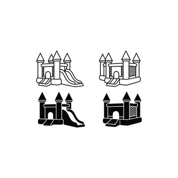 A collection of black and white vector icons representing an inflatable bouncy castle with a slide for kids entertainment and outdoor activities.