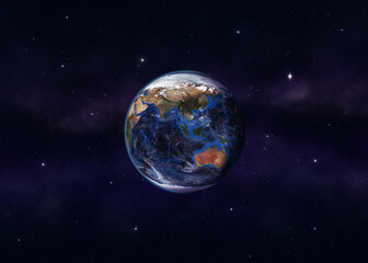 Digitally edited image of Planet Earth viewed from outer space against a dark starry background, created using photo editing techniques to depict our world in the vast universe. © Chandet