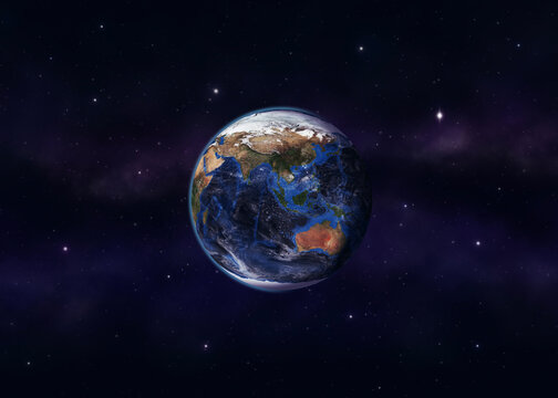 Digitally edited image of Planet Earth viewed from outer space against a dark starry background, created using photo editing techniques to depict our world in the vast universe.